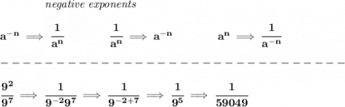 \bf ~~~~~~~~~~~~\textit{negative exponents}\\\\&#10;a^{-n} \implies \cfrac{1}{a^n}&#10;\qquad \qquad&#10;\cfrac{1}{a^n}\implies a^{-n}&#10;\qquad \qquad &#10;a^n\implies \cfrac{1}{a^{-n}}\\\\&#10;-------------------------------\\\\&#10;\cfrac{9^2}{9^7}\implies \cfrac{1}{9^{-2}9^7}\implies \cfrac{1}{9^{-2+7}}\implies \cfrac{1}{9^5}\implies \cfrac{1}{59049}