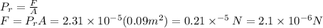P_{r} =\frac{F}{A} \\F=P_{r}A=2.31\times 10^{-5} (0.09m^{2})=0.21\times ^{-5} N=2.1\times 10^{-6} N