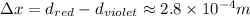 \Delta x=d_{red}-d_{violet}\approx2.8\times10^{-4}m