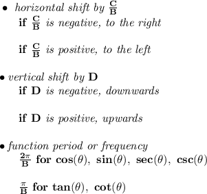 \bf \bullet \textit{ horizontal shift by }\frac{C}{B}\\&#10;~~~~~~if\ \frac{C}{B}\textit{ is negative, to the right}\\\\&#10;~~~~~~if\ \frac{C}{B}\textit{ is positive, to the left}\\\\&#10;\bullet \textit{vertical shift by }D\\&#10;~~~~~~if\ D\textit{ is negative, downwards}\\\\&#10;~~~~~~if\ D\textit{ is positive, upwards}\\\\&#10;\bullet \textit{function period or frequency}\\&#10;~~~~~~\frac{2\pi }{B}\ for\ cos(\theta),\ sin(\theta),\ sec(\theta),\ csc(\theta)\\\\&#10;~~~~~~\frac{\pi }{B}\ for\ tan(\theta),\ cot(\theta)