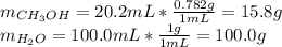 m_{CH_3OH}=20.2mL*\frac{0.782g}{1mL}=15.8g\\m_{H_2O}=100.0mL*\frac{1g}{1mL} =100.0g\\
