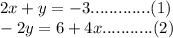 2x+y=-3.............(1)\\-2y=6+4x...........(2)\\