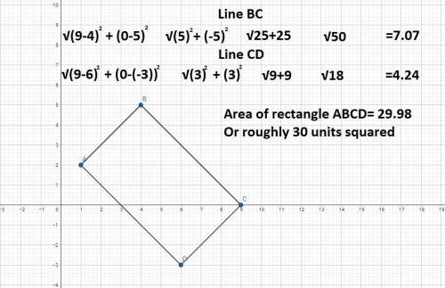 The coordinates of rectangle abcd are a(1, 2), b(4, 5),c(9, 0) and d(6, -3). what is the area of the