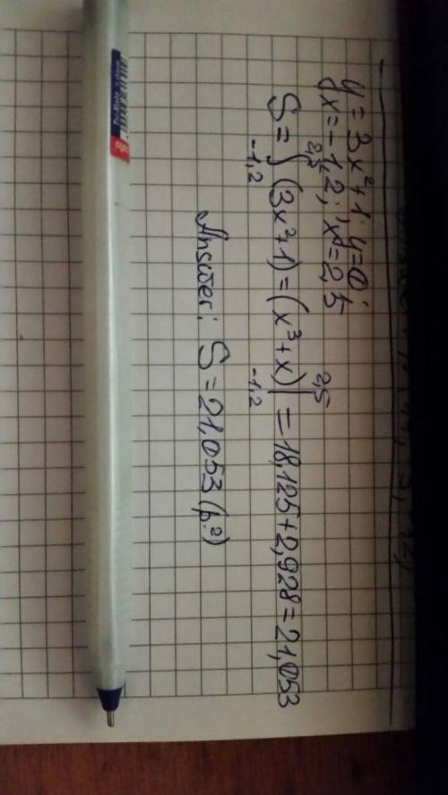 Find the area of the region bounded by the graphs of y = 3x 2 + 1, y = 0, x = −1.2, x = 2.5.