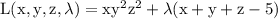 \rm L(x,y,z,\lambda ) = xy^2z^2+\lambda(x+y+z-5)