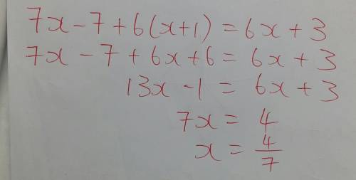 7x-7+6(x+1)=6x+3   i forget how to solve