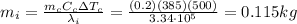 m_i = \frac{m_c C_c \Delta T_c}{\lambda_i}=\frac{(0.2)(385)(500)}{3.34\cdot 10^5}=0.115 kg