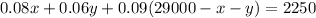 0.08x+0.06y+0.09(29000-x-y)=2250