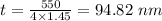 t=\frac{550 }{4\times 1.45}=94.82\ nm