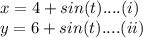 x=4+sin(t)....(i)\\y=6+sin(t)....(ii)