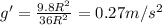 g'=\frac{9.8R^2}{36R^2}=0.27 m/s^2