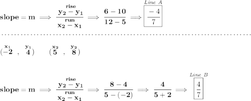 \bf slope = m\implies \cfrac{\stackrel{rise}{ y_2- y_1}}{\stackrel{run}{ x_2- x_1}}\implies \cfrac{6-10}{12-5}\implies \stackrel{\textit{Line A}}{\boxed{\cfrac{-4}{7}}} \\\\[-0.35em] ~\dotfill\\\\ (\stackrel{x_1}{-2}~,~\stackrel{y_1}{4})\qquad (\stackrel{x_2}{5}~,~\stackrel{y_2}{8}) \\\\\\ slope = m\implies \cfrac{\stackrel{rise}{ y_2- y_1}}{\stackrel{run}{ x_2- x_1}}\implies \cfrac{8-4}{5-(-2)}\implies \cfrac{4}{5+2}\implies \stackrel{\textit{Line B}}{\boxed{\cfrac{4}{7}}}