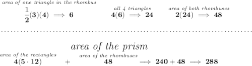 \bf \stackrel{\textit{area of one triangle in the rhombus}}{\cfrac{1}{2}(3)(4)\implies 6}\qquad \stackrel{\textit{all 4 triangles}}{4(6)\implies 24}\qquad \stackrel{\textit{area of both rhombuses}}{2(24)\implies 48} \\\\[-0.35em] ~\dotfill\\\\ \stackrel{\textit{\Large area of the prism}}{\stackrel{\textit{area of the rectangles}}{4(5\cdot 12)}~~+~~\stackrel{\textit{area of the rhombuses}}{48}\implies 240+48\implies 288 }