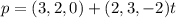 p=(3,2,0)+(2,3,-2)t