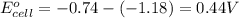 E^o_{cell}=-0.74-(-1.18)=0.44V