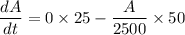 \dfrac{dA}{dt}=0\times 25-\dfrac{A}{2500}\times 50