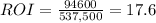 ROI = \frac{94600}{537,500} = 17.6%