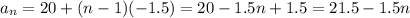 a_n=20+(n-1)(-1.5)=20-1.5n+1.5=21.5-1.5n