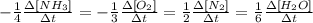 -\frac{1}{4}\frac{\Delta [NH_{3}]}{\Delta t}=-\frac{1}{3}\frac{\Delta [O_{2}]}{\Delta t}=\frac{1}{2}\frac{\Delta [N_{2}]}{\Delta t}=\frac{1}{6}\frac{\Delta [H_{2}O]}{\Delta t}