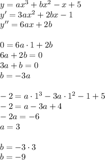 y=ax^3+bx^2-x+5\\&#10;y'=3ax^2+2bx-1\\&#10;y''=6ax+2b\\\\&#10;0=6a\cdot1+2b\\&#10;6a+2b=0\\&#10;3a+b=0\\&#10;b=-3a\\\\&#10;-2=a\cdot1^3-3a\cdot1^2-1+5\\&#10;-2=a-3a+4\\&#10;-2a=-6\\&#10;a=3\\\\b=-3\cdot3\\&#10;b=-9