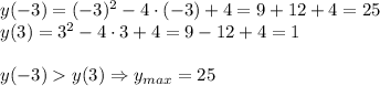 y(-3)=(-3)^2-4\cdot(-3)+4=9+12+4=25\\&#10;y(3)=3^2-4\cdot3+4=9-12+4=1\\\\&#10;y(-3)y(3) \Rightarrow y_{max}=25