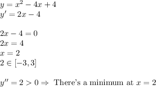y=x^2-4x+4\\&#10;y'=2x-4\\\\&#10;2x-4=0\\&#10;2x=4\\x=2\\&#10;2\in[-3,3]\\\\&#10;y''=20 \Rightarrow \text{ There's a minimum at } x=2