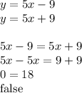 y=5x-9 \\&#10;y=5x+9 \\ \\&#10;5x-9=5x+9 \\&#10;5x-5x=9+9 \\&#10;0=18 \\&#10;\hbox{false}
