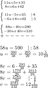 \left \{ {{11u=5v+35} \atop {8v=6u+62}} \right. \\\\ \left \{ {{11u-5v=35\ \ \ |\cdot8} \atop {-6u+8v=62\ \ \ |\cdot5}} \right. \\\\ \left \{ {{88u-40v=280} \atop {-30u+40v=310}} \right. \\+------\\\\58u=590\ \ \ |:58\\u=\frac{590}{58}=\frac{295}{29}=10\frac{5}{29}\\\\8v=6\cdot\frac{295}{29}+35\\8v=\frac{1770}{29}+\frac{1015}{29}\\8v=\frac{2785}{29}\ \ \ \ |\cdot\frac{1}{8}\\v=\frac{2785}{232}=12\frac{1}{232}