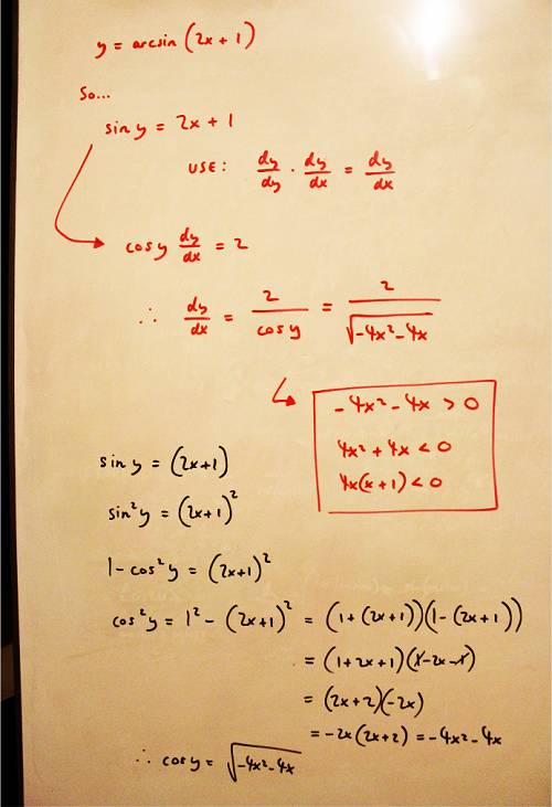 How do you find the derivative of y=arcsin(2x+1)y=arcsin(2x+1)?
