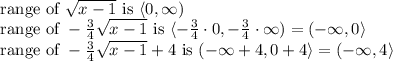 \hbox{ range of } \sqrt {x-1} \hbox{ is } \langle0,\infty)\\&#10;\hbox{ range of } -\frac{3}{4}\sqrt {x-1} \hbox{ is } \langle-\frac{3}{4}\cdot0,-\frac{3}{4}\cdot\infty)=(-\infty,0\rangle\\&#10;\hbox{ range of } -\frac{3}{4}\sqrt {x-1}+4 \hbox{ is } (-\infty+4,0+4\rangle=(-\infty,4\rangle\\&#10;