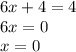 6x+4=4\\6x=0\\x=0