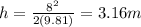 h = \frac{8^2}{2(9.81)} = 3.16 m