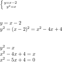 \left \{ {{y=x-2} \atop {\ y^2=x}} \right. \\ \\ \\&#10;y=x-2 \\&#10;y^2=(x-2)^2=x^2-4x+4 \\ \\ \\&#10;y^2=x \\&#10;x^2-4x+4=x \\&#10;x^2-5x+4=0