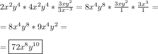 2x^2y^4*4x^2y^4*\frac{3xy^2}{3x^{-3}}= 8x^4y^8* \frac{3xy^2}{1}*\frac{3x^3}{1}= \\\\ =8x^4y^8*9x^4y^2= \\\\ =\boxed{72x^8y^{10}}