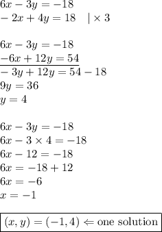 6x-3y=-18 \\&#10;-2x+4y=18 \ \ \ |\times 3 \\ \\&#10;6x-3y=-18 \\&#10;\underline{-6x+12y=54} \\&#10;-3y+12y=54-18 \\&#10;9y=36 \\&#10;y=4 \\ \\&#10;6x-3y=-18 \\&#10;6x-3 \times 4=-18 \\&#10;6x-12=-18 \\&#10;6x=-18+12 \\&#10;6x=-6 \\&#10;x=-1 \\ \\&#10;\boxed{(x,y)=(-1,4) \Leftarrow \hbox{one solution}}