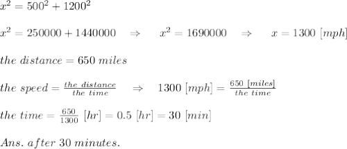 x^2=500^2+1200^2\\\\x^2=250000+1440000\ \ \ \Rightarrow\ \ \ \ x^2=1690000\ \ \ \Rightarrow\ \ \ \ x=1300\ [mph]\\\\the\ distance=650\ miles\\\\the\ speed= \frac{the\ distance}{the\ time} \ \ \ \Rightarrow\ \ \ 1300\ [mph]= \frac{650\ [miles]}{the\ time}\\\\the\ time= \frac{650}{1300} \ [hr]=0.5\ [hr]=30\ [min]\\\\Ans.\ after\ 30\ minutes.