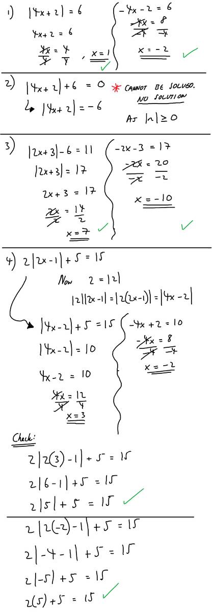 solve an absolute value equation1) | 4x+2 | = 6 2) | 4x+2 |+6 = 03) | 2x+3 | -6 = 114) 2 | 2x-1 | +5