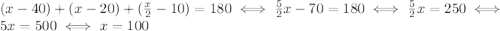 (x-40)+(x-20)+(\frac{x}{2}-10)=180\iff \frac{5}{2}x-70=180 \iff \frac{5}{2}x=250 \iff 5x=500 \iff x=100