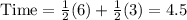 \text{Time}=\frac{1}{2}(6)+\frac{1}{2}(3)=4.5