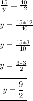 \frac{15}{y}=\frac{40}{12} \\\\ y=\frac{15*12}{40} \\\\ y=\frac{15*3}{10} \\\\ y=\frac{3*3}{2} \\\\ \boxed{y=\frac{9}{2}}