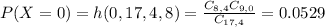 P(X = 0) = h(0,17,4,8) = \frac{C_{8,4}C_{9,0}}{C_{17,4}} = 0.0529