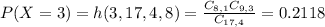 P(X = 3) = h(3,17,4,8) = \frac{C_{8,1}C_{9,3}}{C_{17,4}} = 0.2118