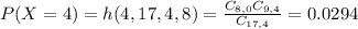 P(X = 4) = h(4,17,4,8) = \frac{C_{8,0}C_{9,4}}{C_{17,4}} = 0.0294