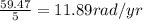 \frac{59.47}{5} = 11.89 rad/yr