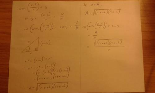 Write an algebraic expression that is equivalent to the expression. cos⁡(arcsin⁡ (x-h)/r )