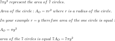 7\pi y^2\ represent\ the\ area\ of\ 7\ circles.\\\\Area\ of\ the\ circle:A_O=\pi r^2\ where\ r\ is\ a\ radius\ of\ the\ circle.\\\\In\ your\ example\ r=y\ therefore\ area\ of\ the\ one\ circle\ is\ equal:\\\\A_O=\pi y^2\\\\area\ of\ the\ 7\ circles\ is\ equal\ 7A_O=7\pi y^2