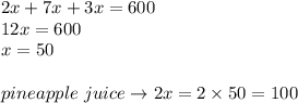 2x+7x+3x=600 \\&#10;12x=600 \\&#10;x=50 \\ \\&#10;pineapple \ juice \to 2x = 2 \times 50=100