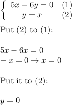 \left\{\begin{array}{ccc}5x-6y=0&(1)\\y=x&(2)\end{array}\right\\\\\text{Put (2) to (1):}\\\\5x-6x=0\\-x=0\to x=0\\\\\text{Put it to (2):}\\\\y=0