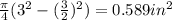 \frac{\pi }{4}(3^{2} - (\frac{3}{2})^{2}) = 0.589 in^{2}