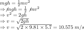 mgh=\frac{1}{2}mv^2\\\Rightarrow \not{m}gh=\frac{1}{2}\not{m}v^2\\\Rightarrow v^2=2gh\\\Rightarrow v=\sqrt{2gh}\\\Rightarrow v=\sqrt{2\times 9.81\times 5.7}=10.575\ m/s